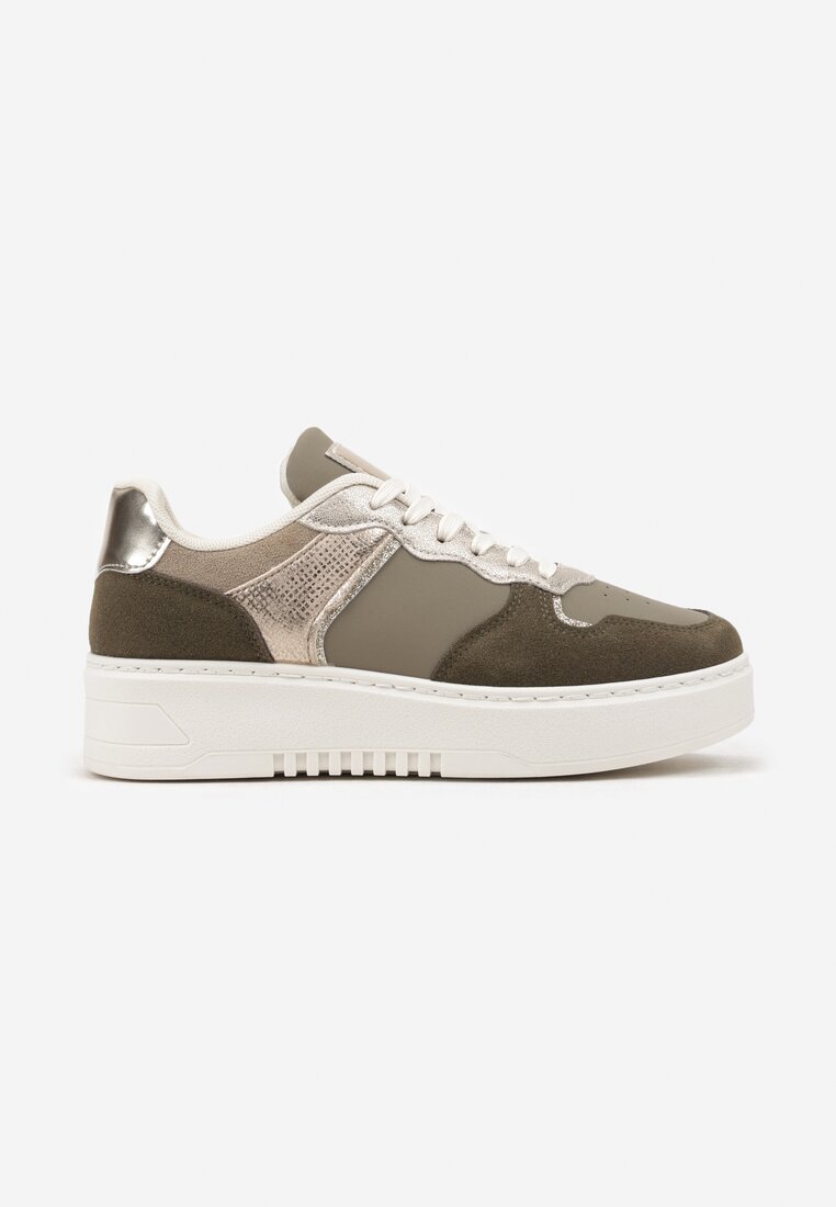 Ciemnozielone Sneakersy na Grubej Podeszwie z Metaliczną Wstawką Miathra