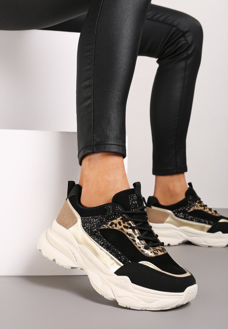 Czarne Sneakersy na Grubej Tłoczonej Podeszwie z Cekinami Narelis
