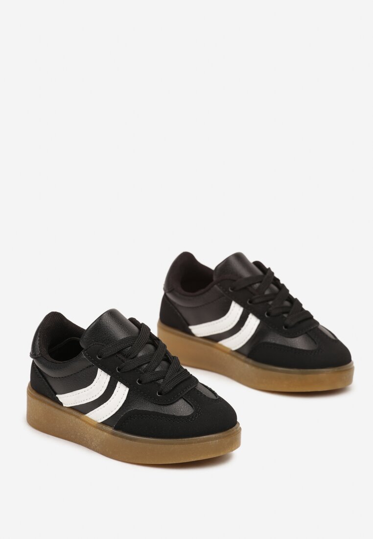Czarne Płaskie Sznurowane Buty Sportowe Sneakersy z Paskami Azilena