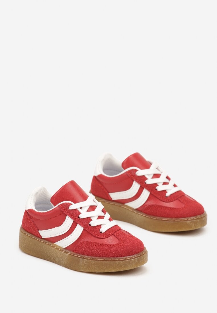 Czerwone Płaskie Sznurowane Buty Sportowe Sneakersy z Paskami Azilena