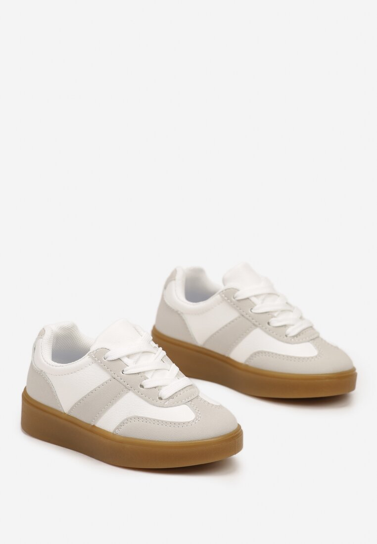Beżowo-Szare Buty Sportowe Sneakersy na Płaskiej Podeszwie ze Sznurowaniem i Ozdobnym Pasem Azilaine