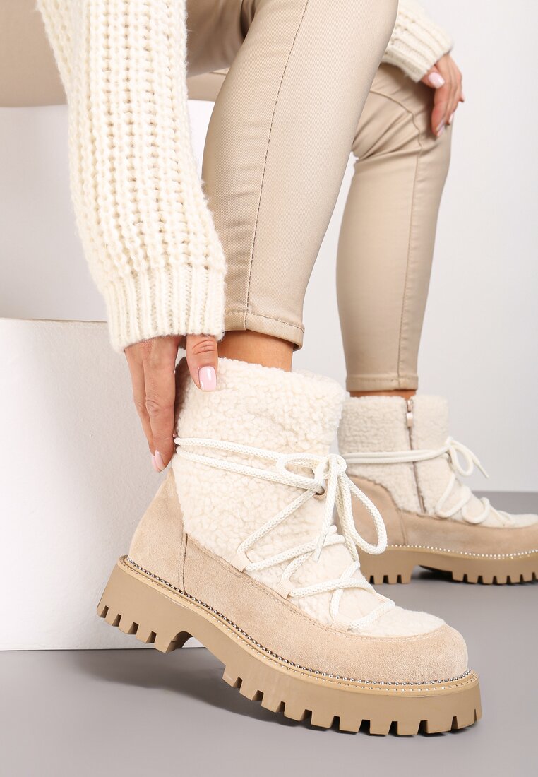 Beżowe Śniegowce na Grubej Podeszwie z Cyrkoniami i Futerkową Wstawką Rianaella