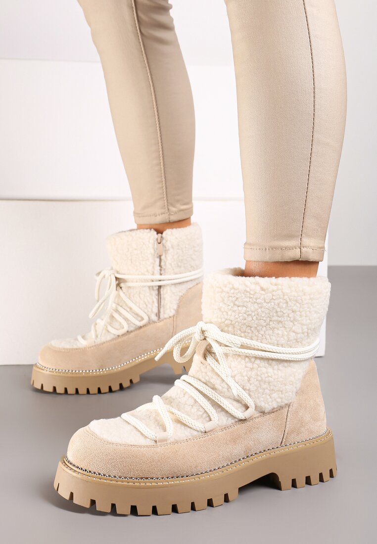 Beżowe Śniegowce na Grubej Podeszwie z Cyrkoniami i Futerkową Wstawką Rianaella