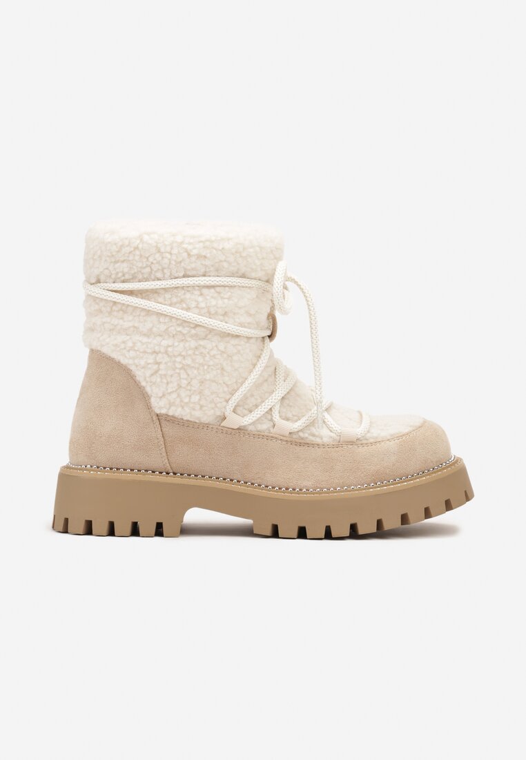 Beżowe Śniegowce na Grubej Podeszwie z Cyrkoniami i Futerkową Wstawką Rianaella