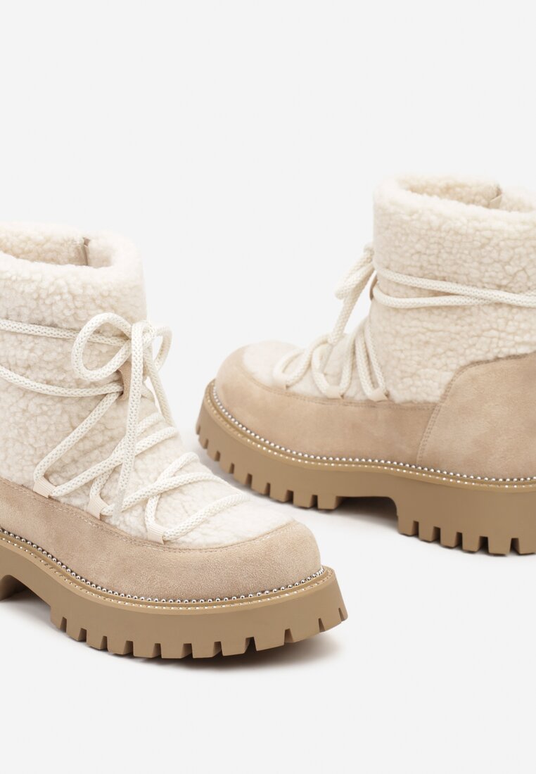 Beżowe Śniegowce na Grubej Podeszwie z Cyrkoniami i Futerkową Wstawką Rianaella