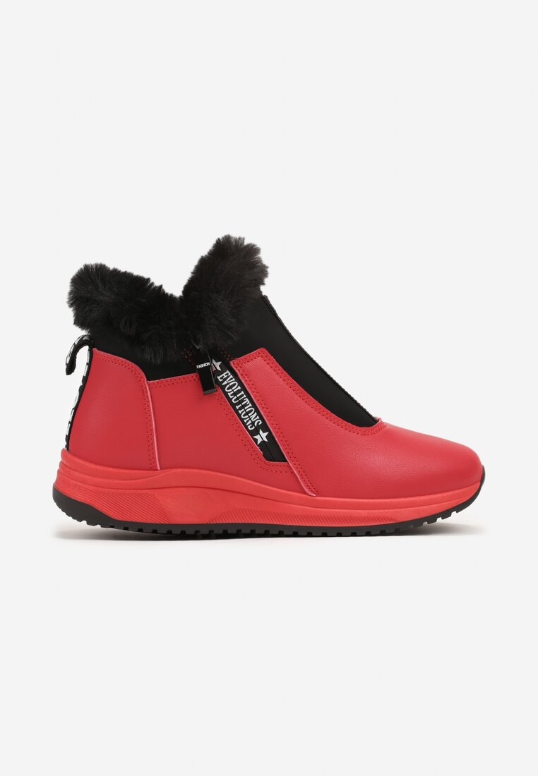 Czerwone Płaskie Sneakersy z Napisami i Futerkiem Riantha