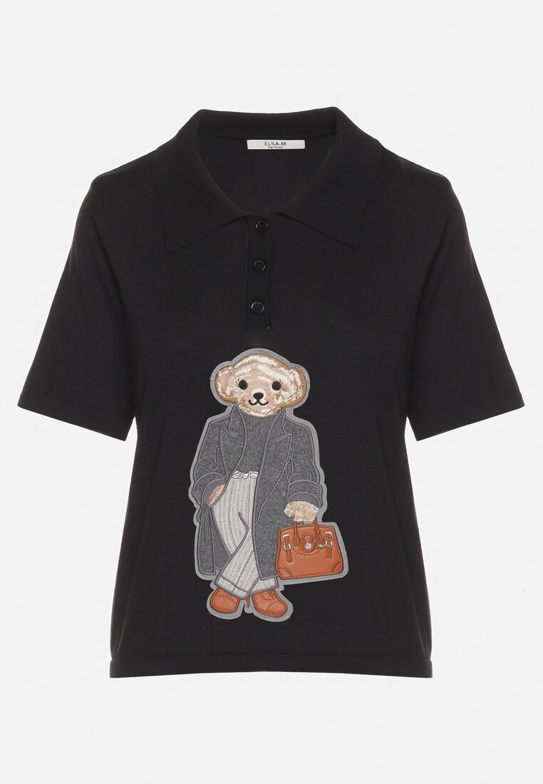 Czarny Wiskozowy T-shirt z Naszywką Misia i Guzikami przy Dekolcie Callidora