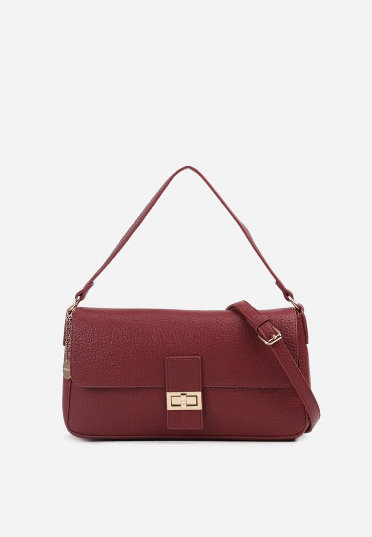 Bordowa Mała Prostokątna Torebka na Ramię z Dodatkowym Paskiem Ozdobiona Breloczkiem Creila