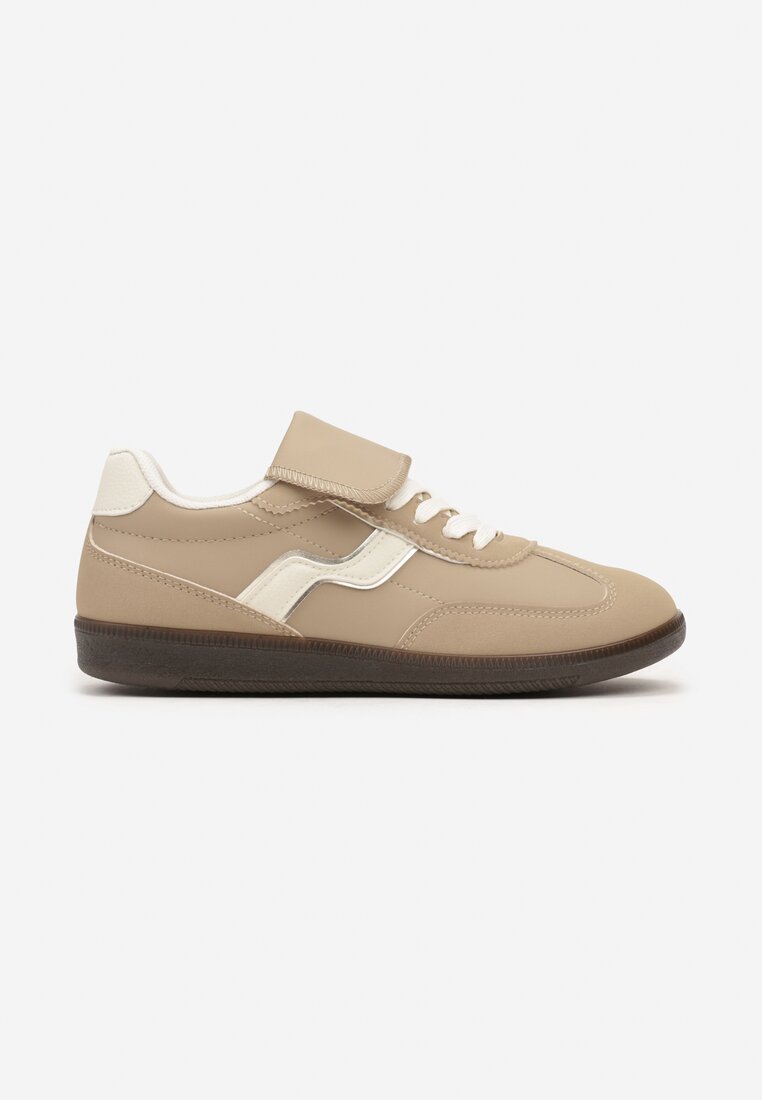 Ciemnobeżowe Sneakersy z Wywiniętym Językiem i Geometryczną Wstawką Riaviana