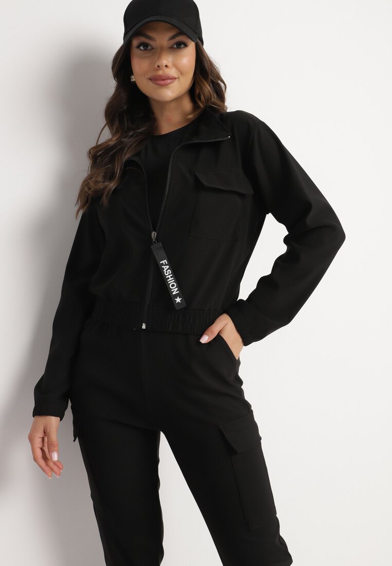 Czarny Streetwearowy Komplet Dresowy z Bluzą ze Stójką i Spodniami Typu Jogger z Kieszeniami Rialisea