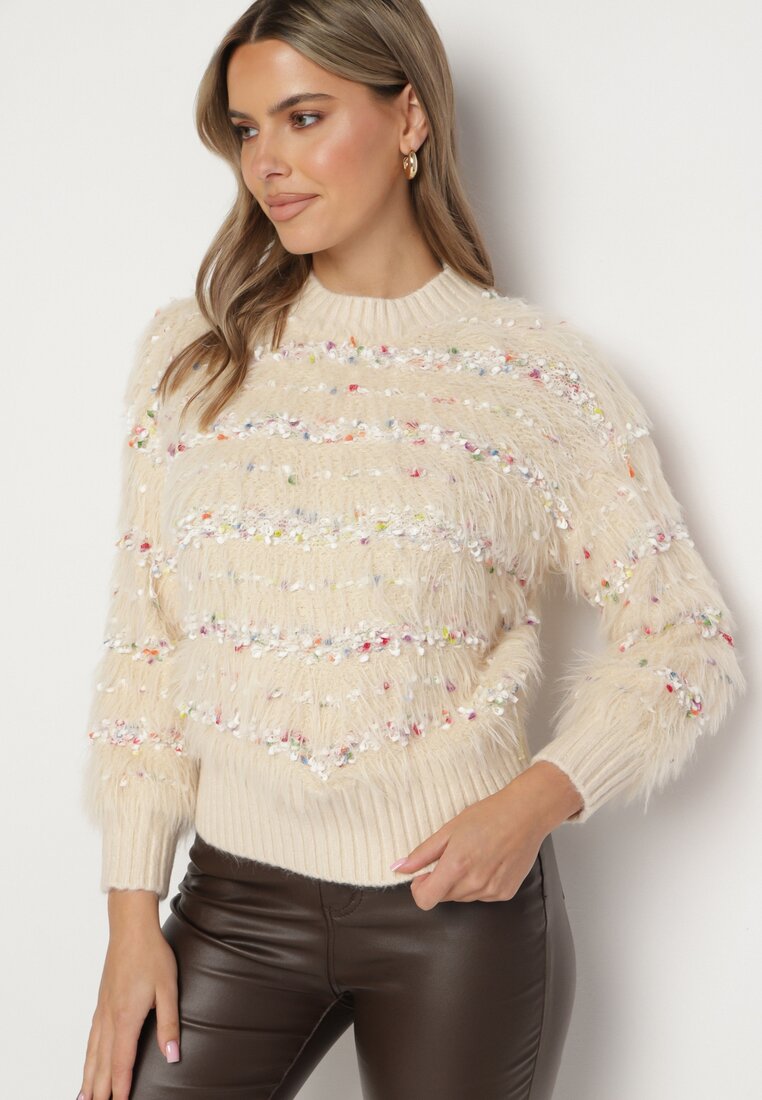 Beżowy Sweter z Wiskozą i Bawełną z Kolorową Nicią Raithra
