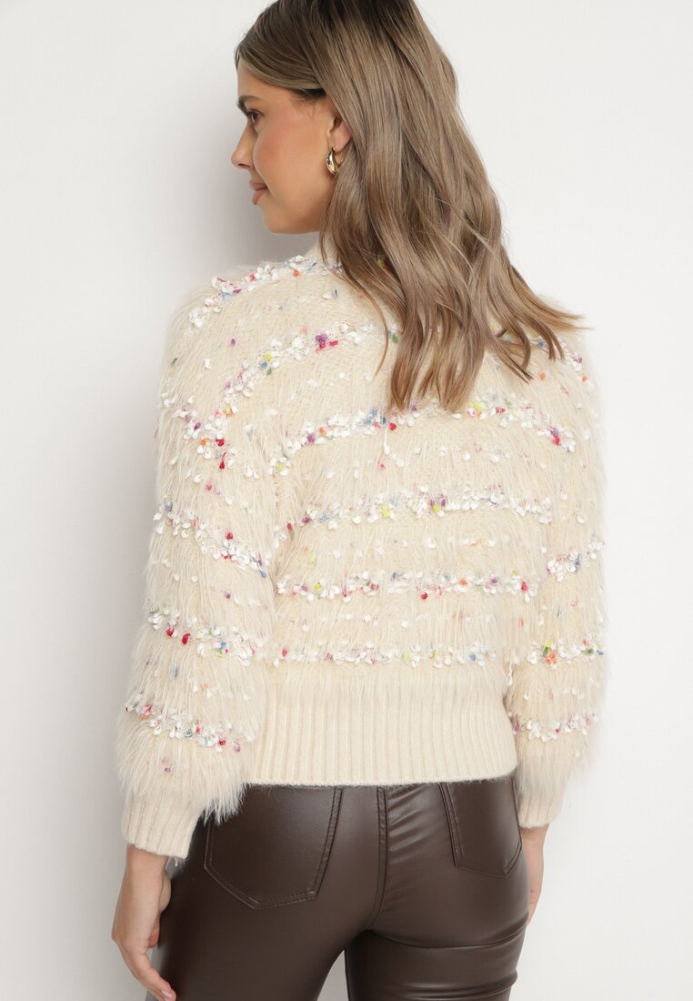 Beżowy Sweter z Wiskozą i Bawełną z Kolorową Nicią Raithra