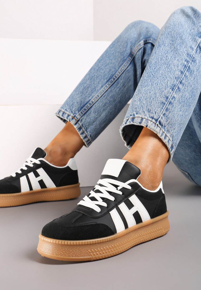 Czarno-Białe Sneakersy na Grubej Podeszwie z Kontrastowymi Przeszyciami Mialunae