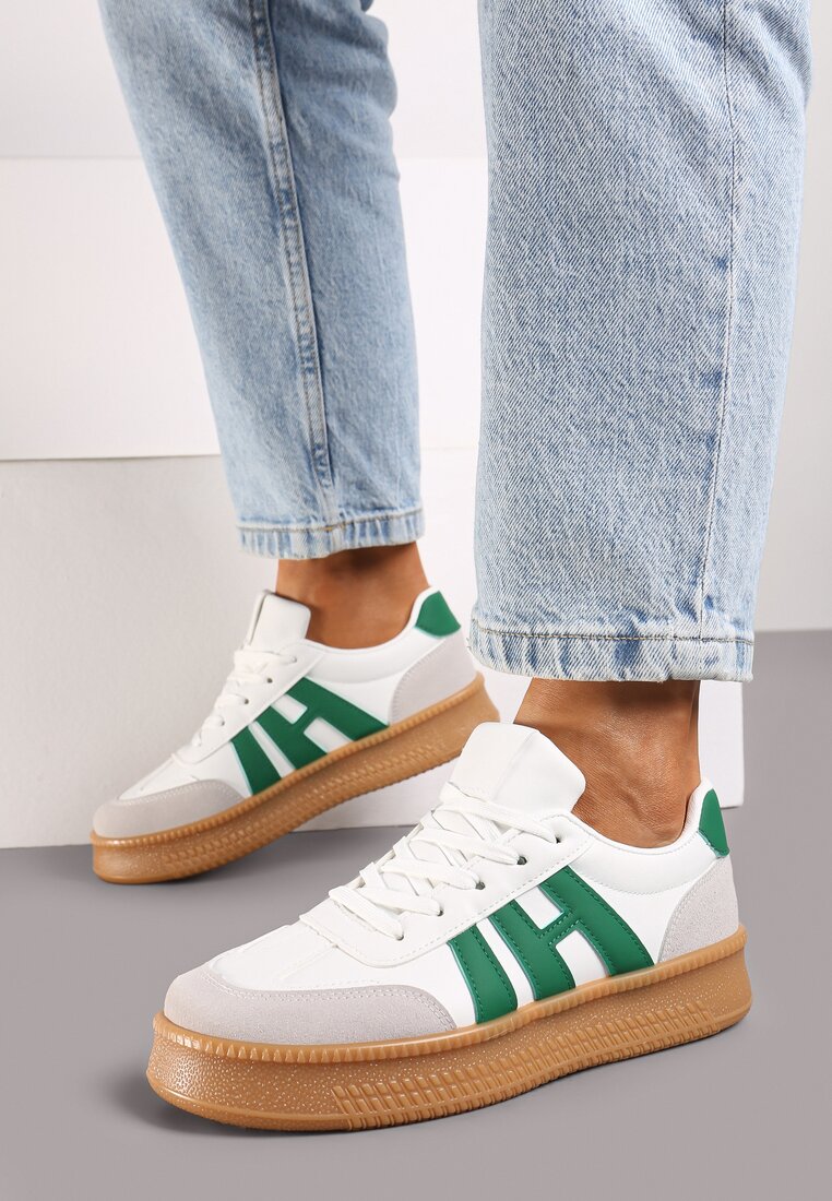 Biało-Zielone Sneakersy na Grubej Podeszwie z Kontrastowymi Przeszyciami Mialunae