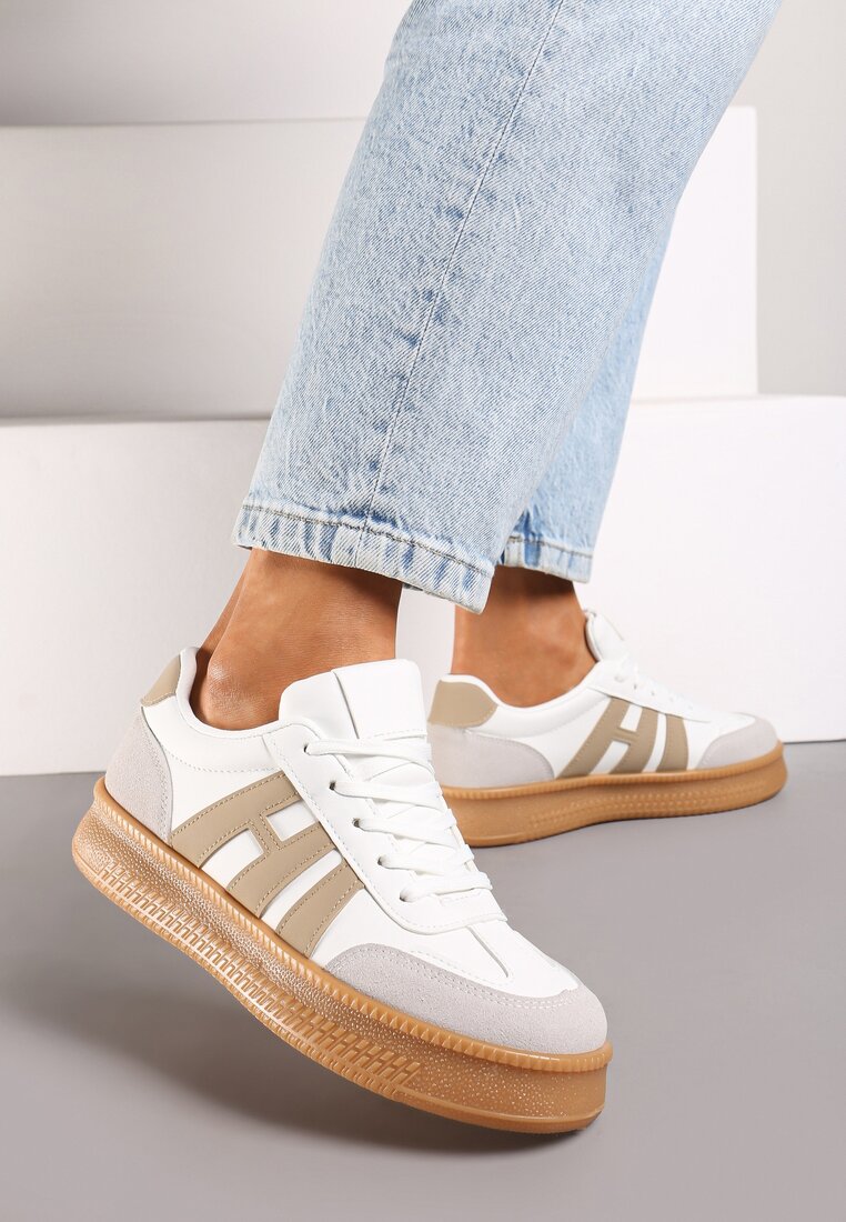 Biało-Beżowe Sneakersy na Grubej Podeszwie z Kontrastowymi Przeszyciami Mialunae