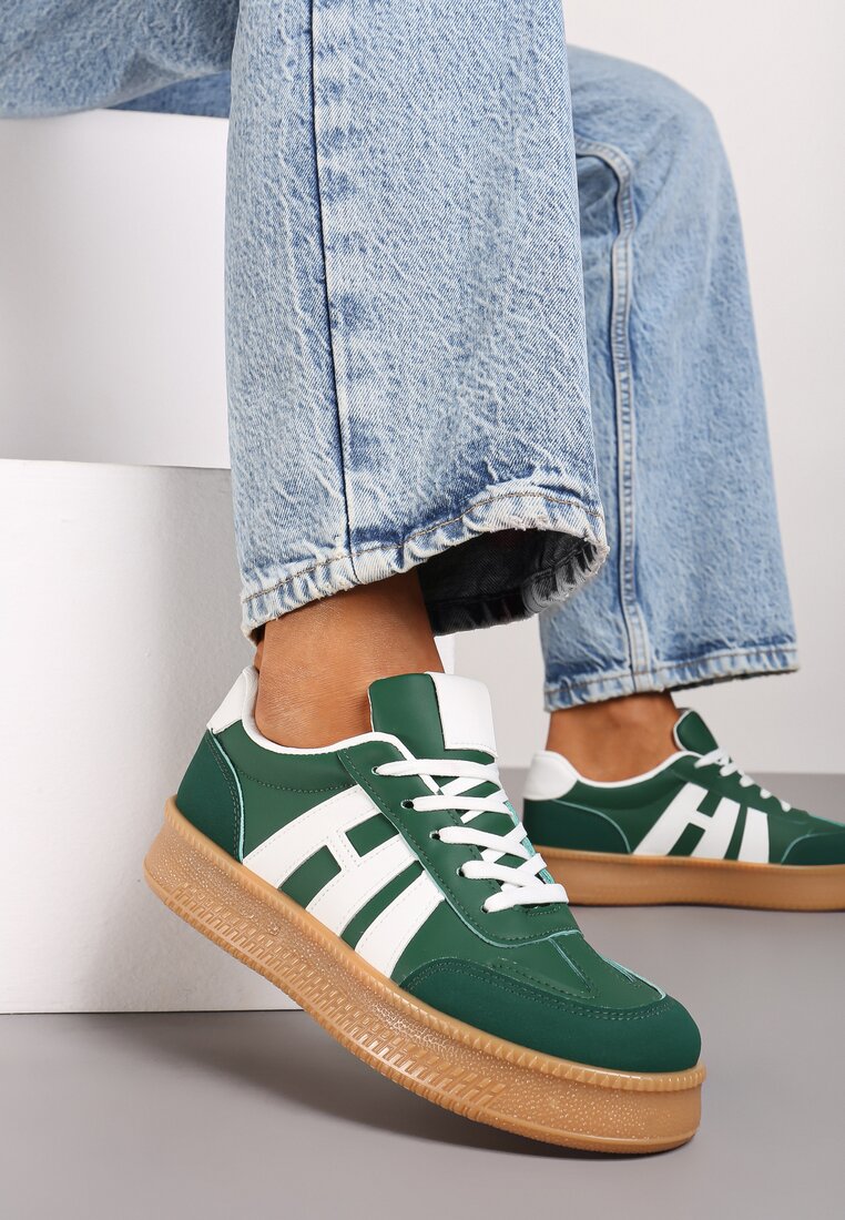 Zielone Sneakersy na Grubej Podeszwie z Kontrastowymi Przeszyciami Mialunae