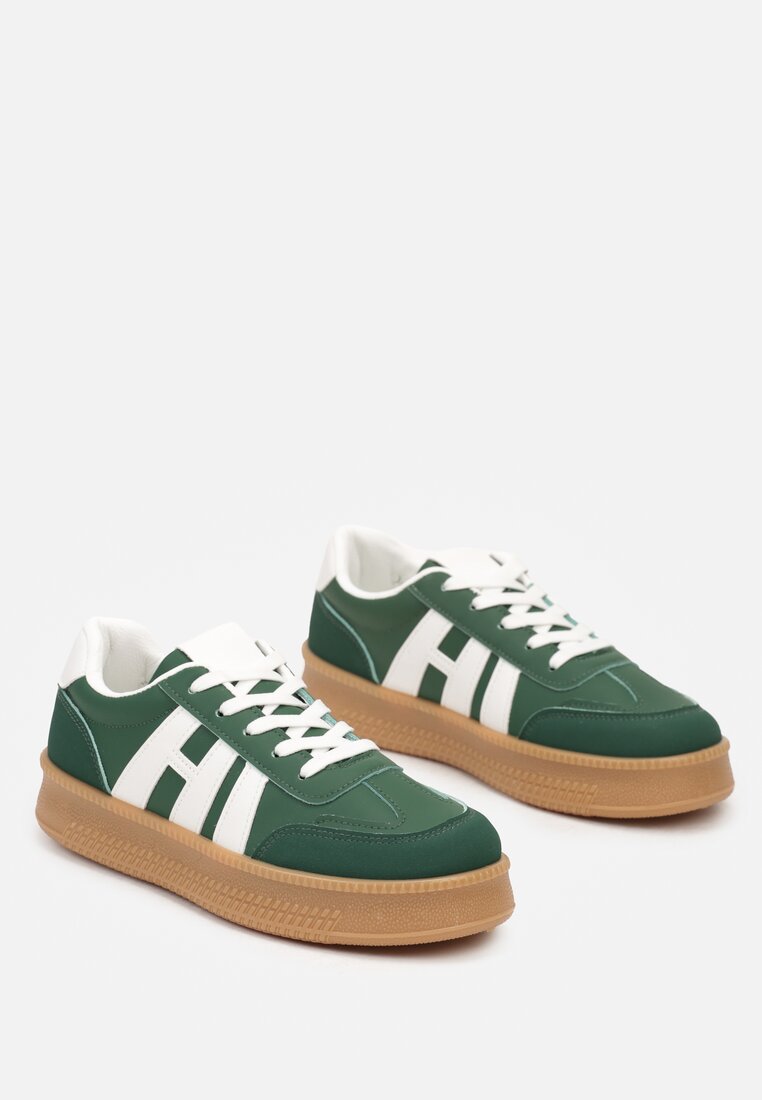 Zielone Sneakersy na Grubej Podeszwie z Kontrastowymi Przeszyciami Mialunae