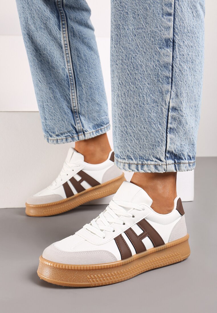 Biało-Brązowe Sneakersy na Grubej Podeszwie z Kontrastowymi Przeszyciami Mialunae