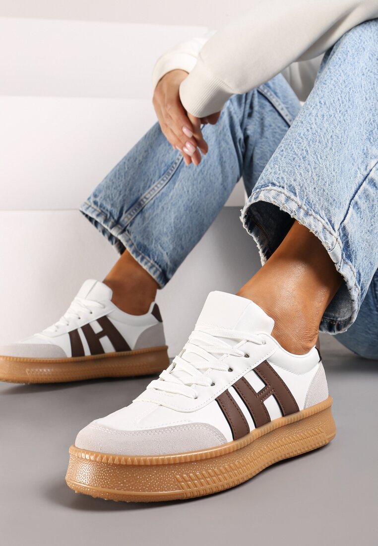 Biało-Brązowe Sneakersy na Grubej Podeszwie z Kontrastowymi Przeszyciami Mialunae