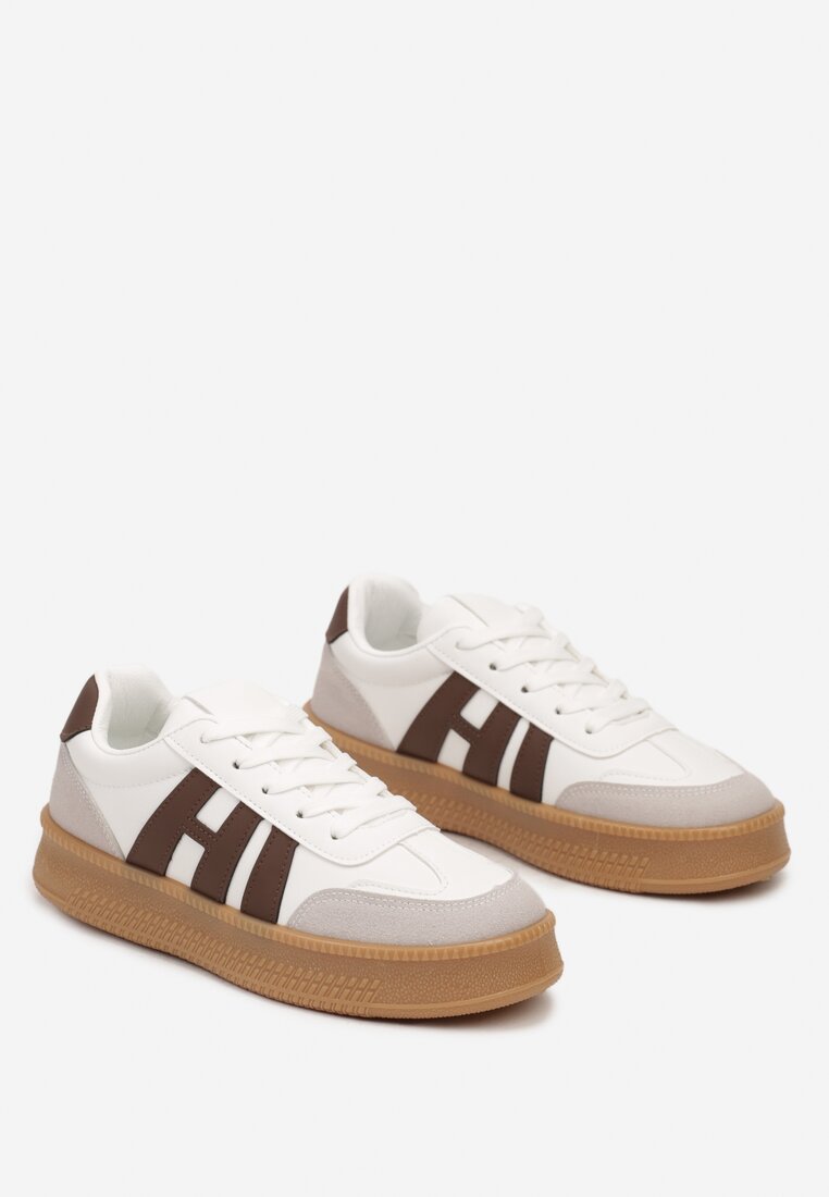 Biało-Brązowe Sneakersy na Grubej Podeszwie z Kontrastowymi Przeszyciami Mialunae