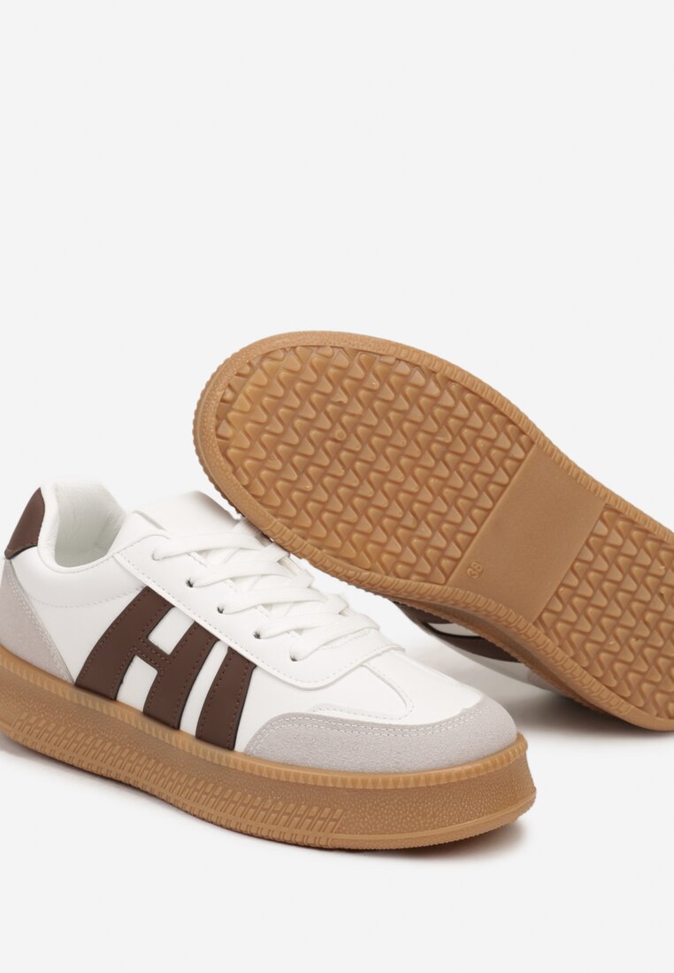 Biało-Brązowe Sneakersy na Grubej Podeszwie z Kontrastowymi Przeszyciami Mialunae