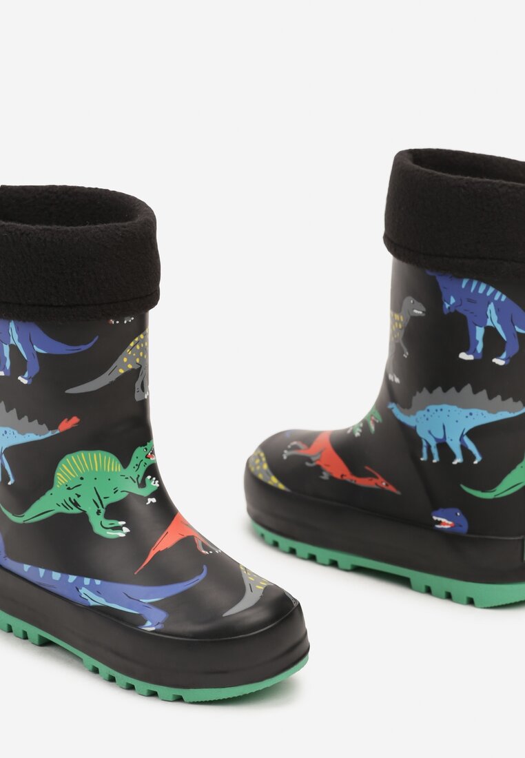 Czarne Kalosze z Aplikacją Dinozaurów z Wywiniętą Cholewką Kaitharia