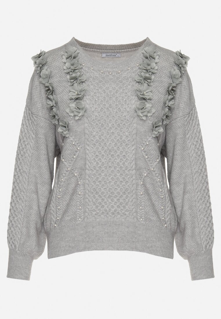 Szary Sweter z Wiskozą o Pudełkowym Kroju Ozdobiony Kwiatami i Perełkami Raiviana