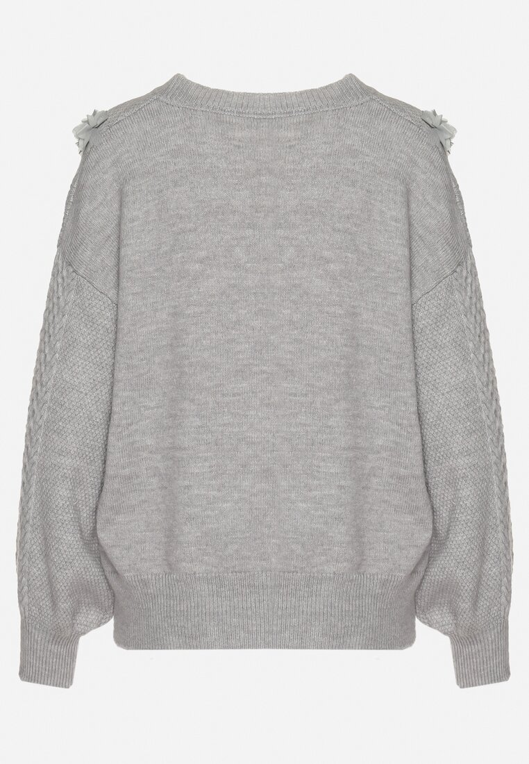 Szary Sweter z Wiskozą o Pudełkowym Kroju Ozdobiony Kwiatami i Perełkami Raiviana