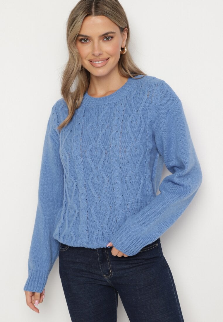 Niebieski Sweter z Wełną Ściągaczem i Tłoczeniem Riavonnae