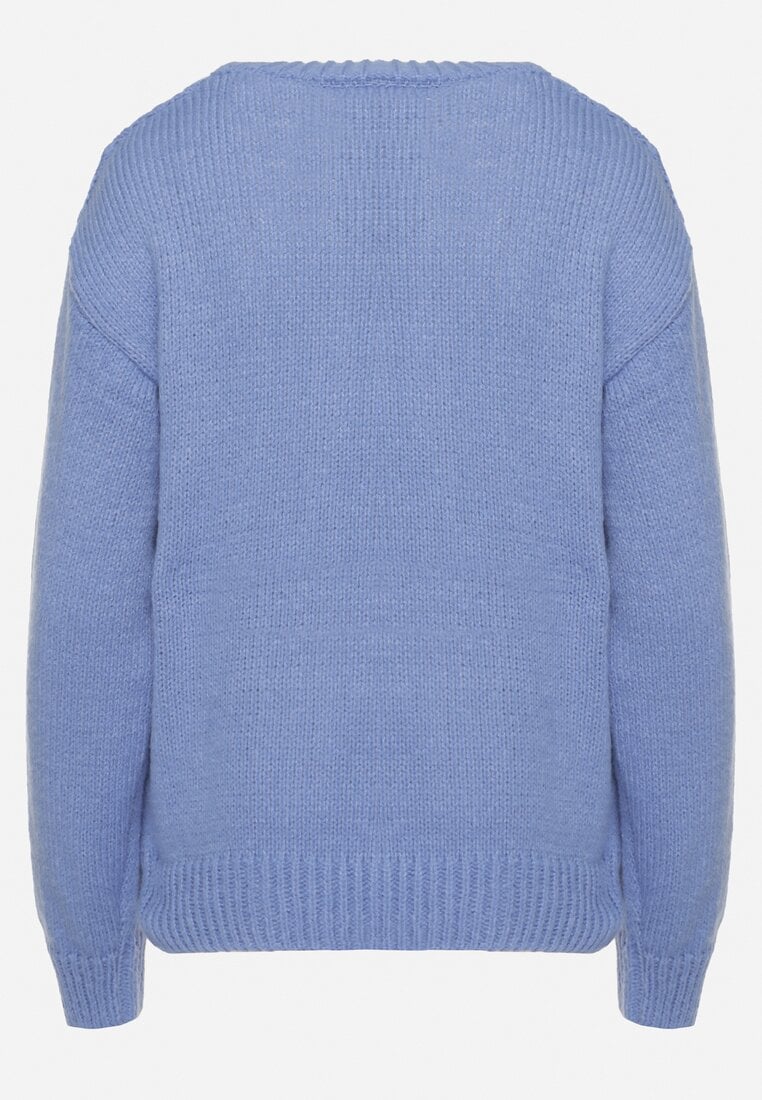 Niebieski Sweter z Wełną Ściągaczem i Tłoczeniem Riavonnae