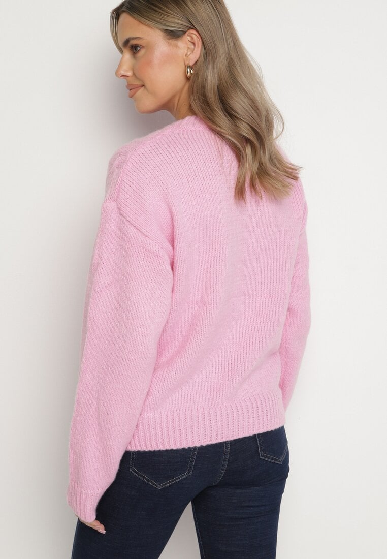 Różowy Sweter z Wełną Ściągaczem i Tłoczeniem Riavonnae