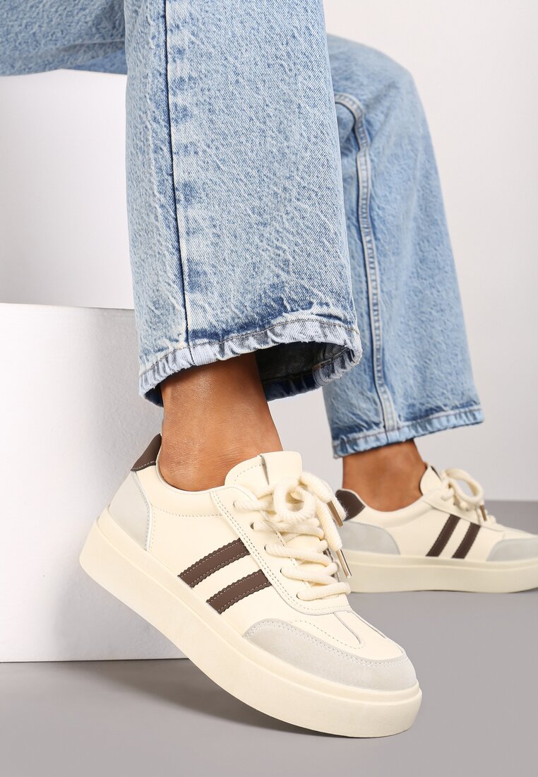 Beżowo-Brązowe Sneakersy na Grubej Podeszwie z Paskami i Sznurowaniem Tiariel