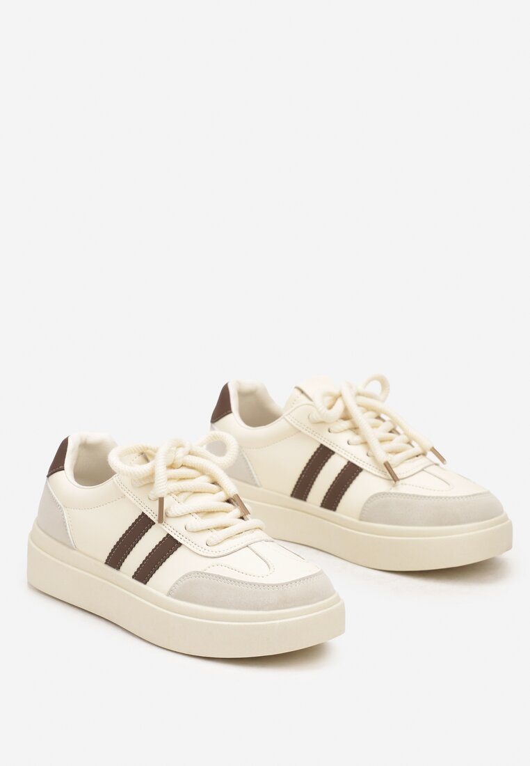 Beżowo-Brązowe Sneakersy na Grubej Podeszwie z Paskami i Sznurowaniem Tiariel