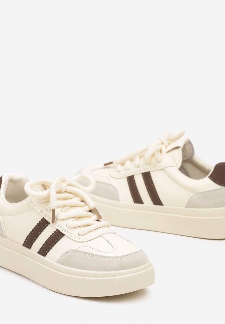 Beżowo-Brązowe Sneakersy na Grubej Podeszwie z Paskami i Sznurowaniem Tiariel