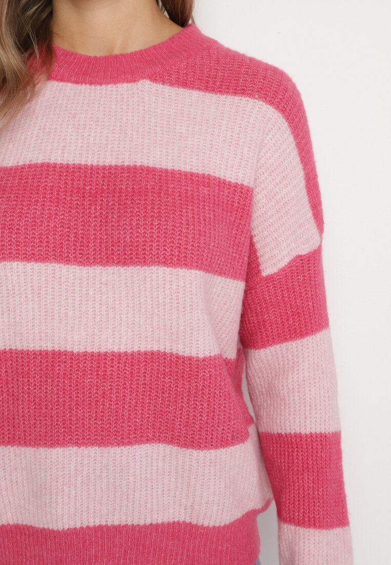 Różowy Sweter w Pasy z Wełną Zakończony Ściągaczem Tiaelle