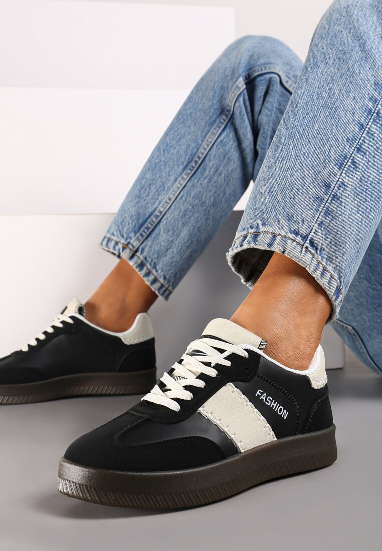 Czarne Sneakersy na Grubej Podeszwie z Kontrastującymi Wstawkami i Wywiniętym Językiem Mirinae