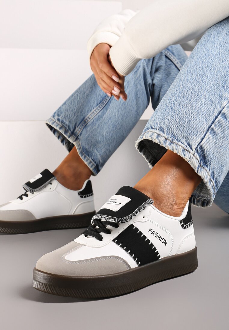 Biało-Czarne Sneakersy na Grubej Podeszwie z Kontrastującymi Wstawkami i Wywiniętym Językiem Mirinae