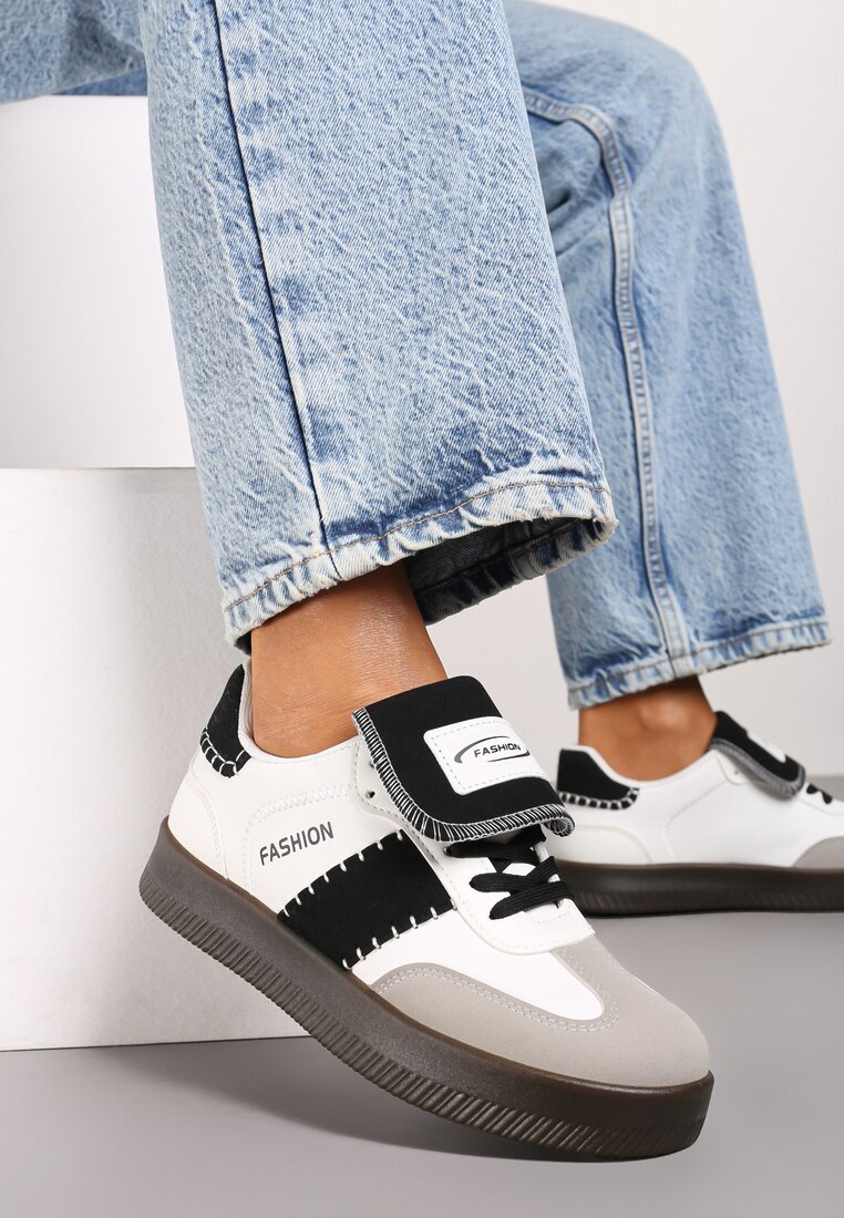 Biało-Czarne Sneakersy na Grubej Podeszwie z Kontrastującymi Wstawkami i Wywiniętym Językiem Mirinae