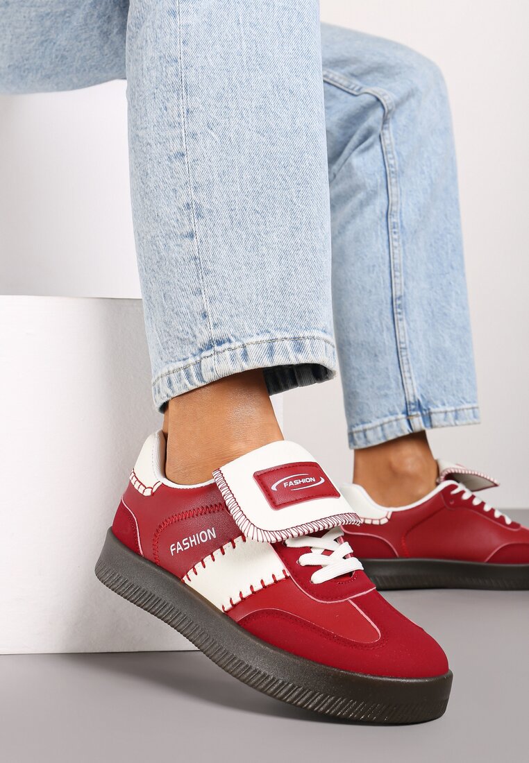 Czerwone Sneakersy na Grubej Podeszwie z Kontrastującymi Wstawkami i Wywiniętym Językiem Mirinae