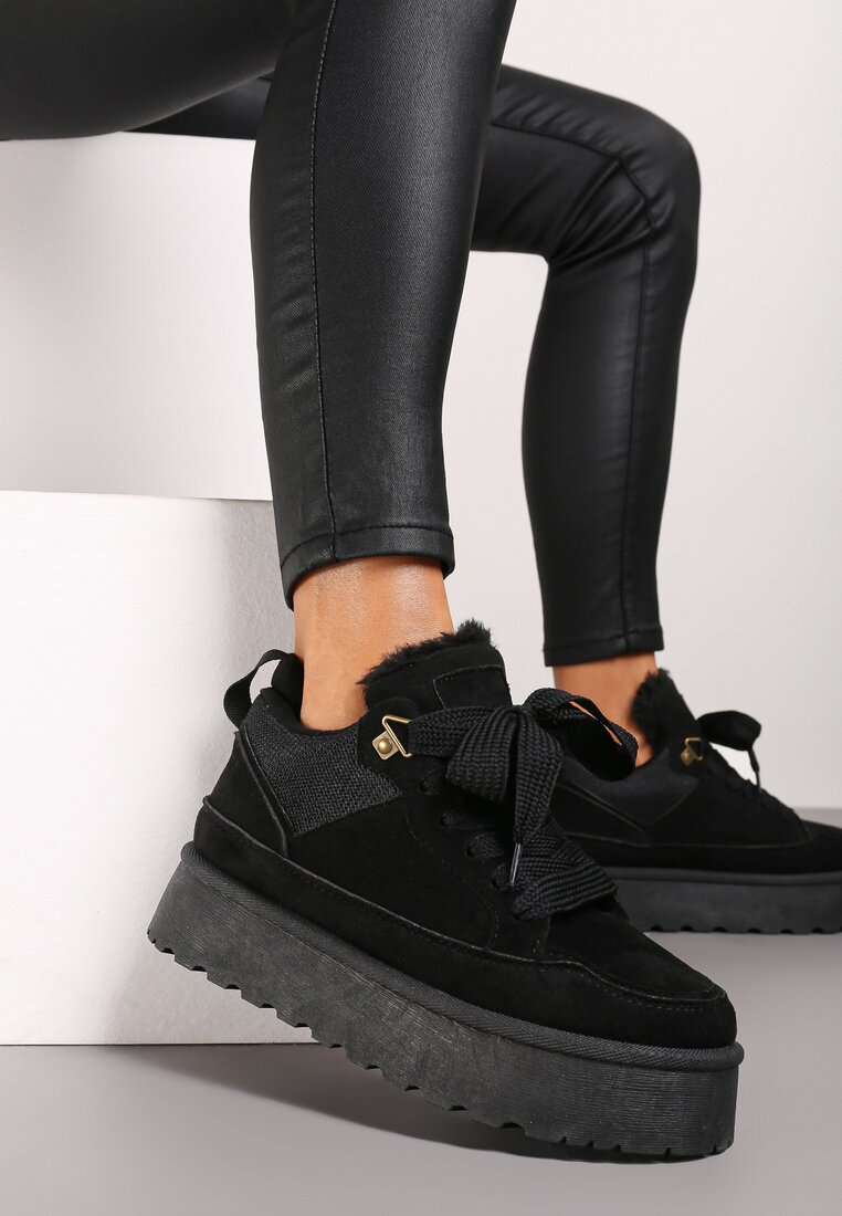 Czarne Sznurowane Sneakersy na Grubej Podeszwie z Futerkiem Vaitaly