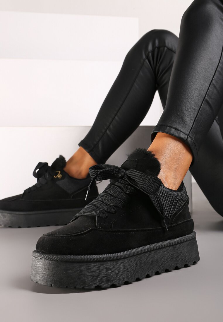 Czarne Sznurowane Sneakersy na Grubej Podeszwie z Futerkiem Vaitaly