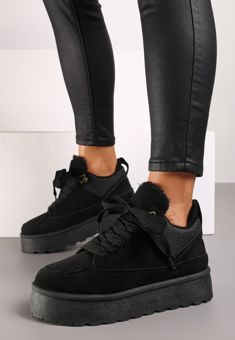 Czarne Sznurowane Sneakersy na Grubej Podeszwie z Futerkiem Vaitaly