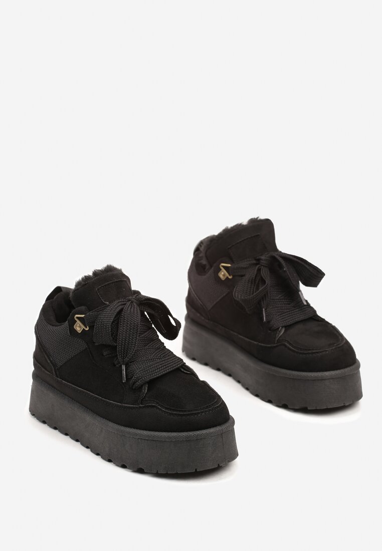 Czarne Sznurowane Sneakersy na Grubej Podeszwie z Futerkiem Vaitaly