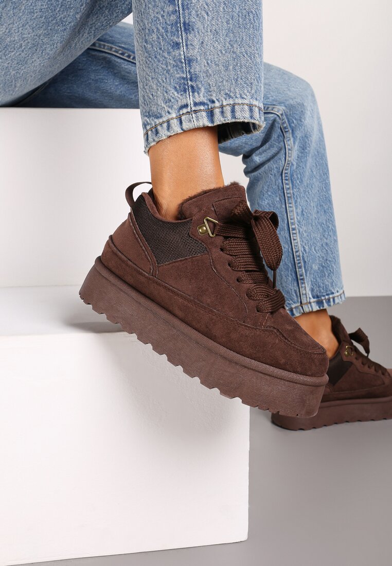 Brązowe Sznurowane Sneakersy na Grubej Podeszwie z Futerkiem Vaitaly