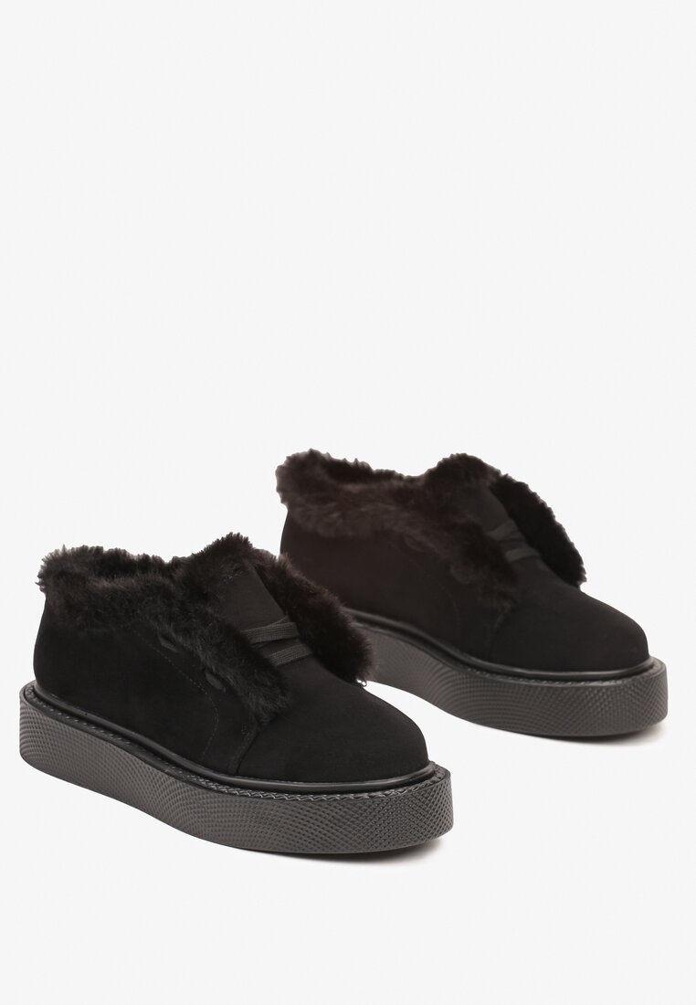 Czarne Śniegowce Typu Sneakersy na Grubej Podeszwie z Futerkowymi Wstawkami Kainarae