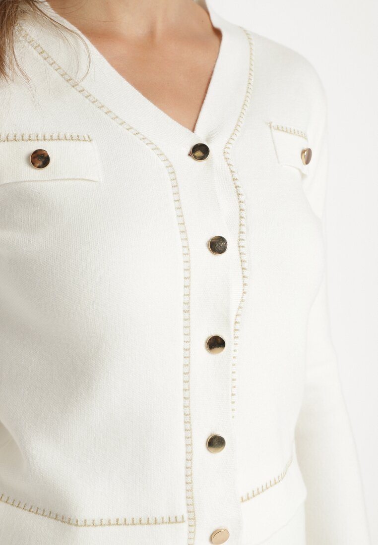 Biały Komplet z Wiskozą Rozkloszowana Spódnica Kardigan na Guziki z Metaliczną Nicią Avattoni
