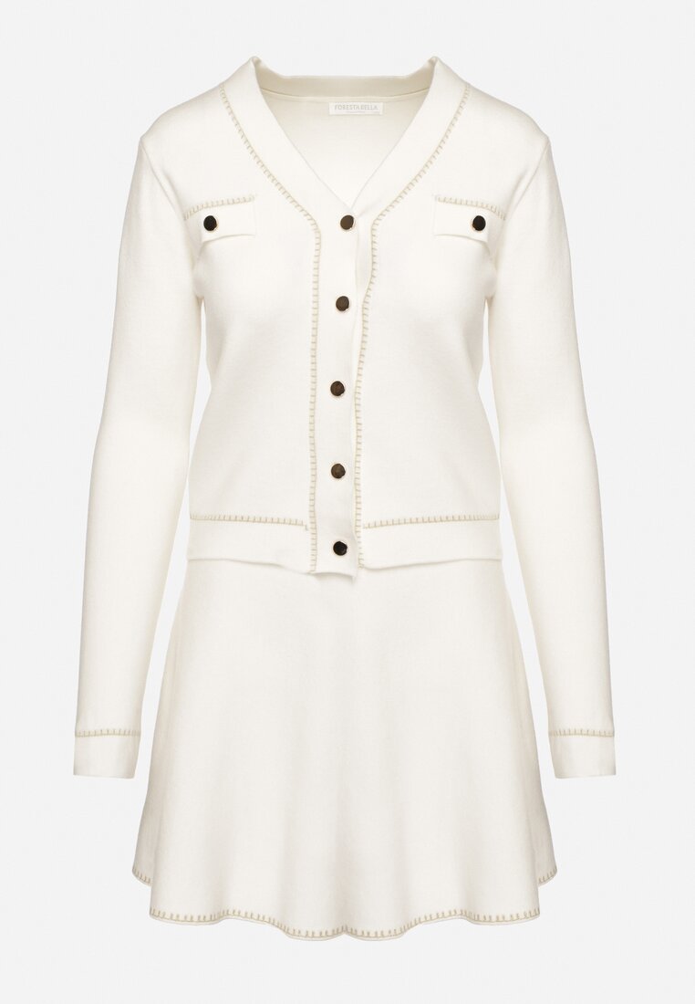 Biały Komplet z Wiskozą Rozkloszowana Spódnica Kardigan na Guziki z Metaliczną Nicią Avattoni
