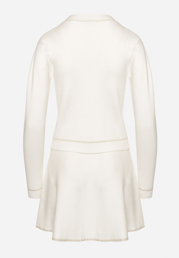 Biały Komplet z Wiskozą Rozkloszowana Spódnica Kardigan na Guziki z Metaliczną Nicią Avattoni