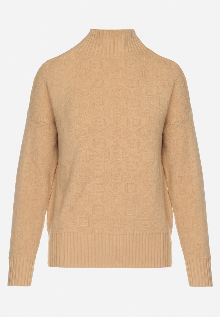 Brązowy Sweter Golf z Ozdobnym Tłoczeniem Zakończony Ściągaczem Melodiea