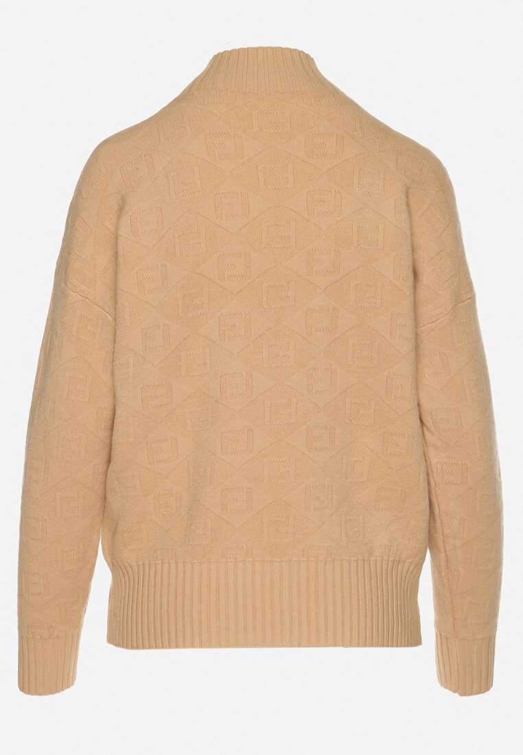 Brązowy Sweter Golf z Ozdobnym Tłoczeniem Zakończony Ściągaczem Melodiea